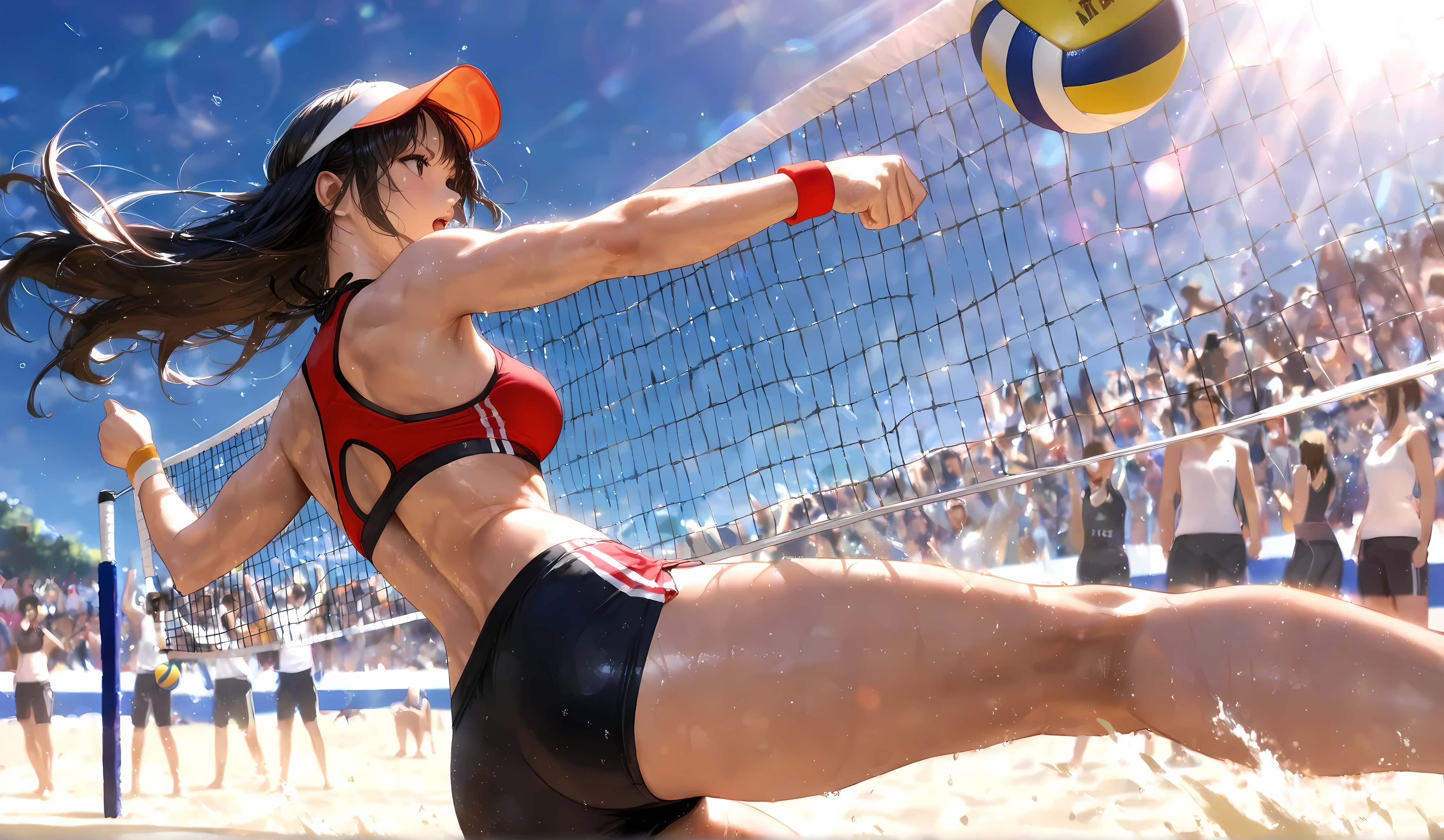masterpiece, ultra-realistic, summer sports event, girls playing beach volleyball, toned bodies, casual athletic wear, sunlight through net, sand particles, lens flare, candid action shot, one girl diving for ball, crowd cheering in distance