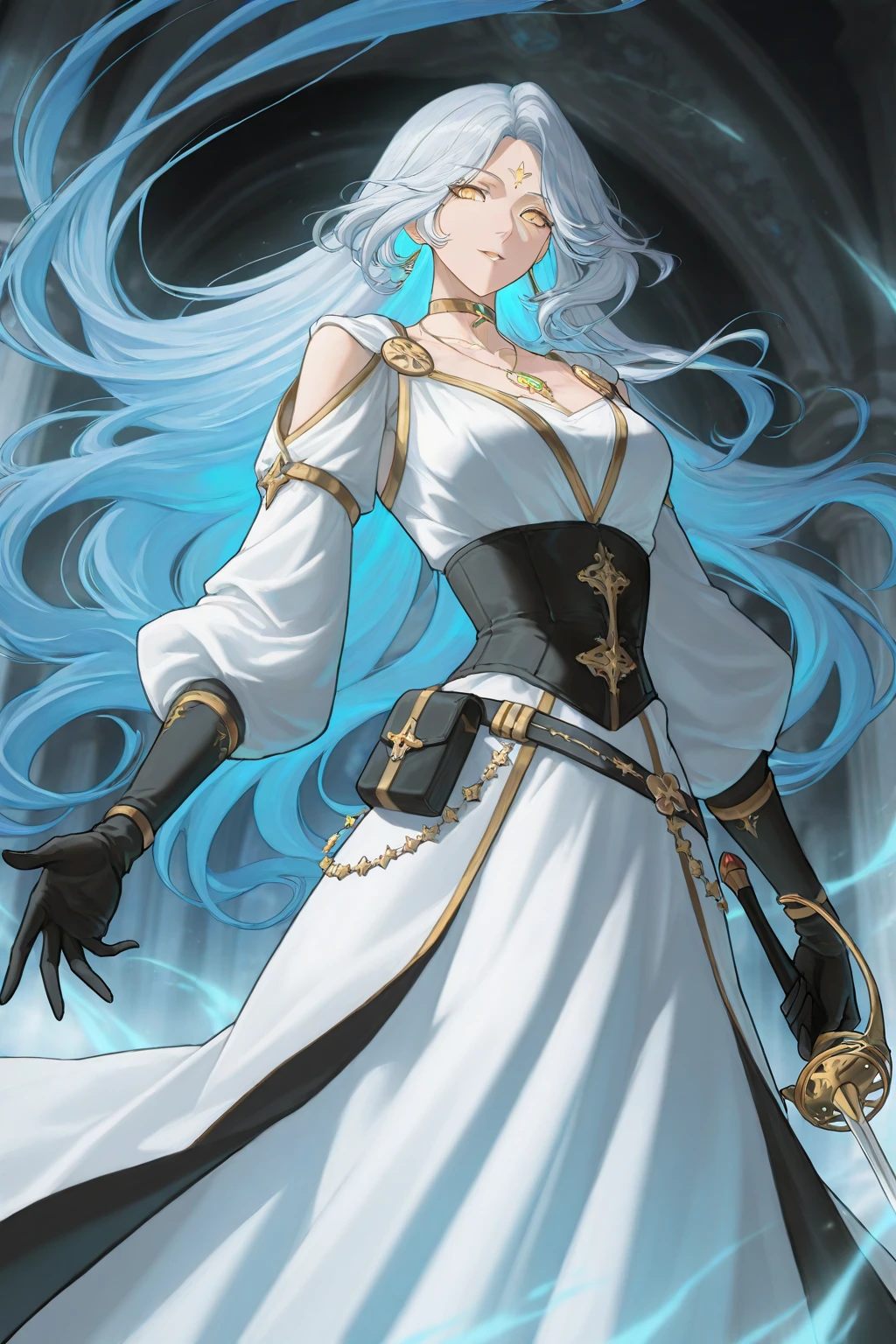 Big breasted anime girl, (corset dress: 1.2), (stockings), (Big smile), (whole body), (people々focus on), (Long white hair), (View from above), (Hair on one eye),Enchanting anime girl, Best anime 4K Kona-chan wallpapers, Attractive anime girl, 4k anime wallpaper, 4K Manga Wallpaper, Detailed digital anime art, Anime Best Girls, Beautiful Anime Girls, cyber punk, Detailed anime artwork, Beautiful and attractive anime women