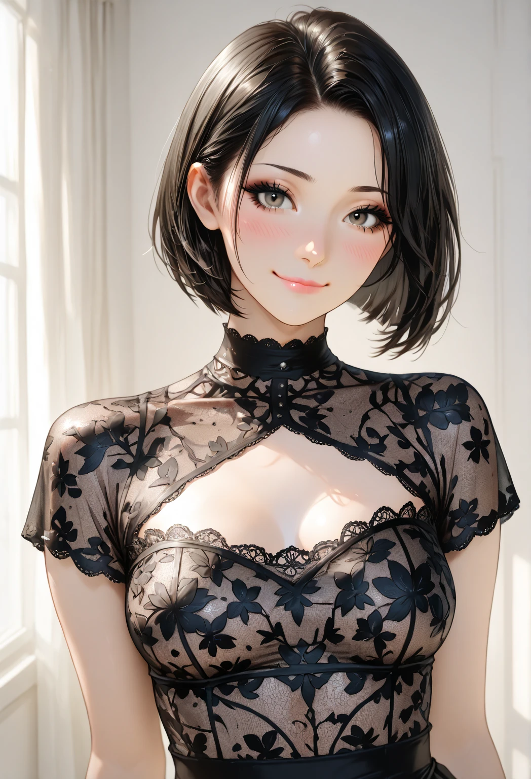 1girl, Solo, High Resolution, Looking at viewer, Blush, Smile, Short Hair, Bangs, Black Hair, Earrings, Parted Lips, Depth Of Field, Masterpiece, Anatomically Correct, Textured Skin, Super Detailed, Hair Over One Eye, Breasts, Makeup, Nose Blush, Happy, Light Smile, Heavy Breathing, Light Blush, Smirk, Full-face Blush, Pout, Raised Eyebrows, Red Lips, Seductive Smile