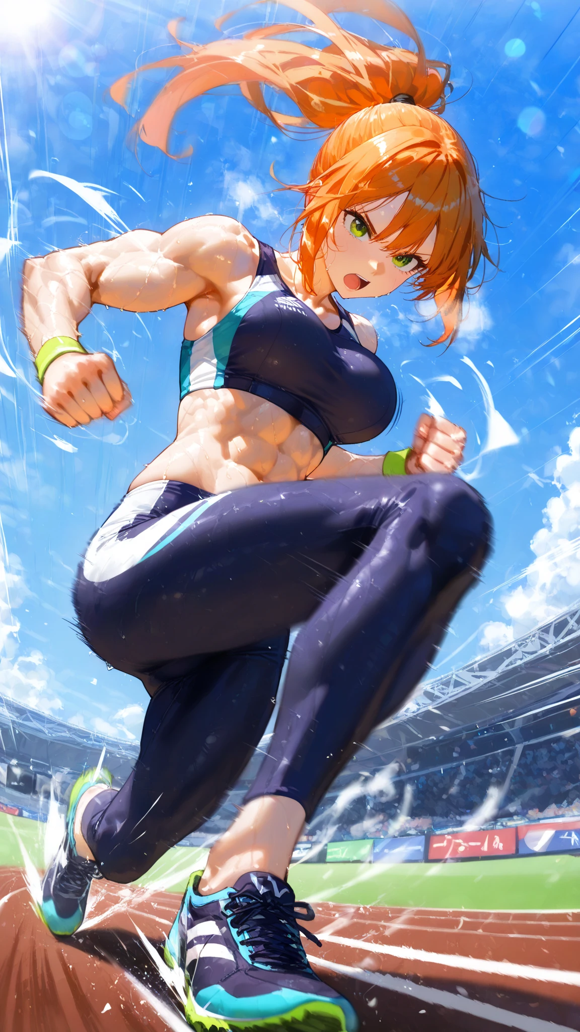 jogging, twintails, ginger hair, short hair, black eyes, large breasts, abs, black gloves, black scrunchie, sand, ocean, alone