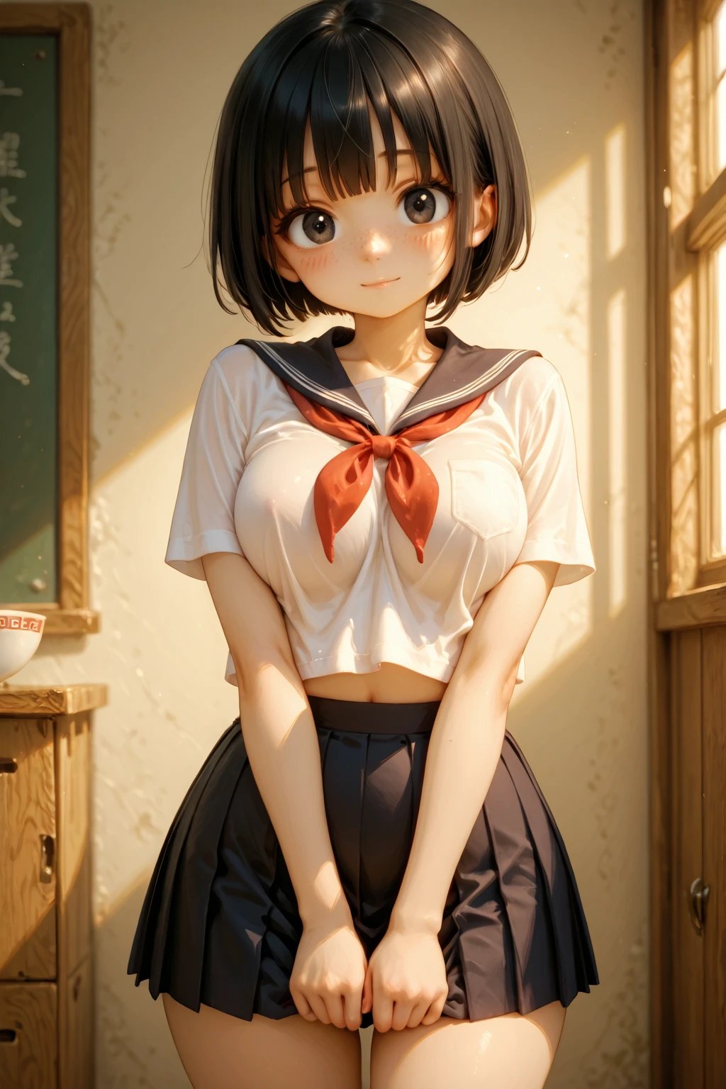 (Absurd:1.3),8k,(Detailed Photos:1.5),(Detailed face and skin:1.3),(Ultra-high resolution:1.5),(Realistic:1.5),Symmetrical clear eyes,Well-groomed face,(Ray Tracing:1.3) ,13-year-old girl, Japanese,high school girl,(wearing Japanese high school uniform:1.3),(Navy High School Uniform:1.3), break (Panties as a gift),(Detailed white silk panties:1.1),masterpiece, Highest quality, Very detailed,classroom,Black short bowl cut hair、Blunt bangs,Focus Panties,Cinema Lighting,(blush:1.3),(Very big panties:1.5),