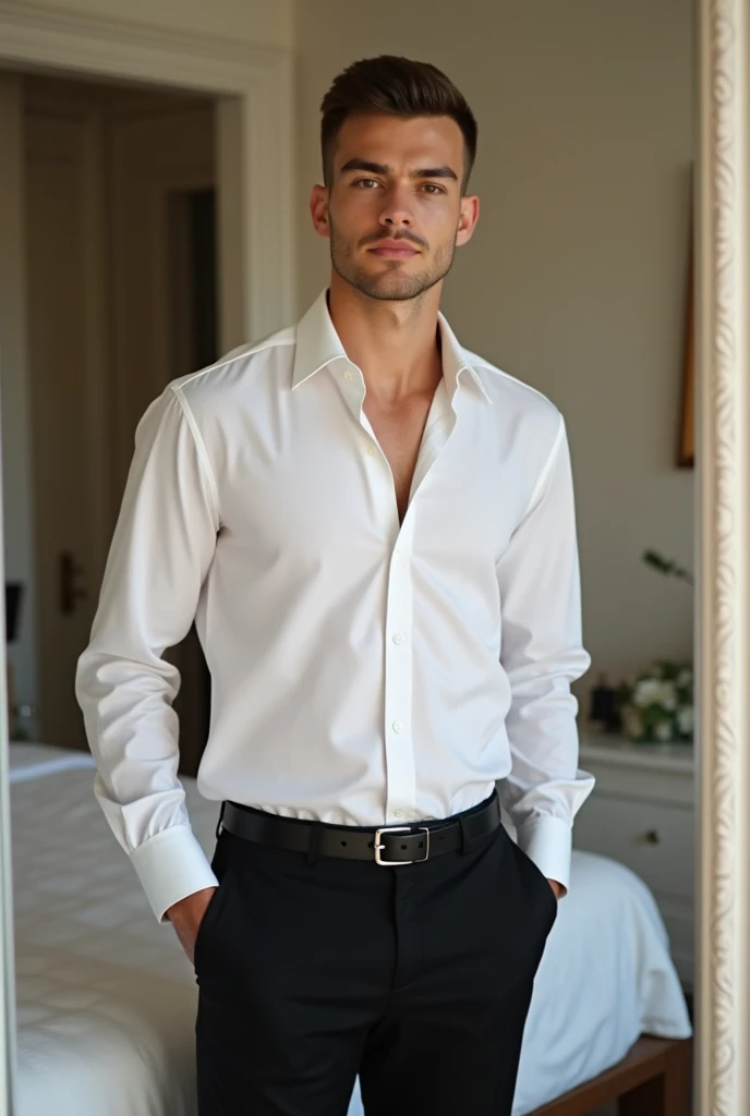 A white man, at 33 years old, with short hair,  blue colored eyes, wearing a white shirt and a skirt, standing with hands against the white wall of a bedroom and looking at the bed with a sexy look