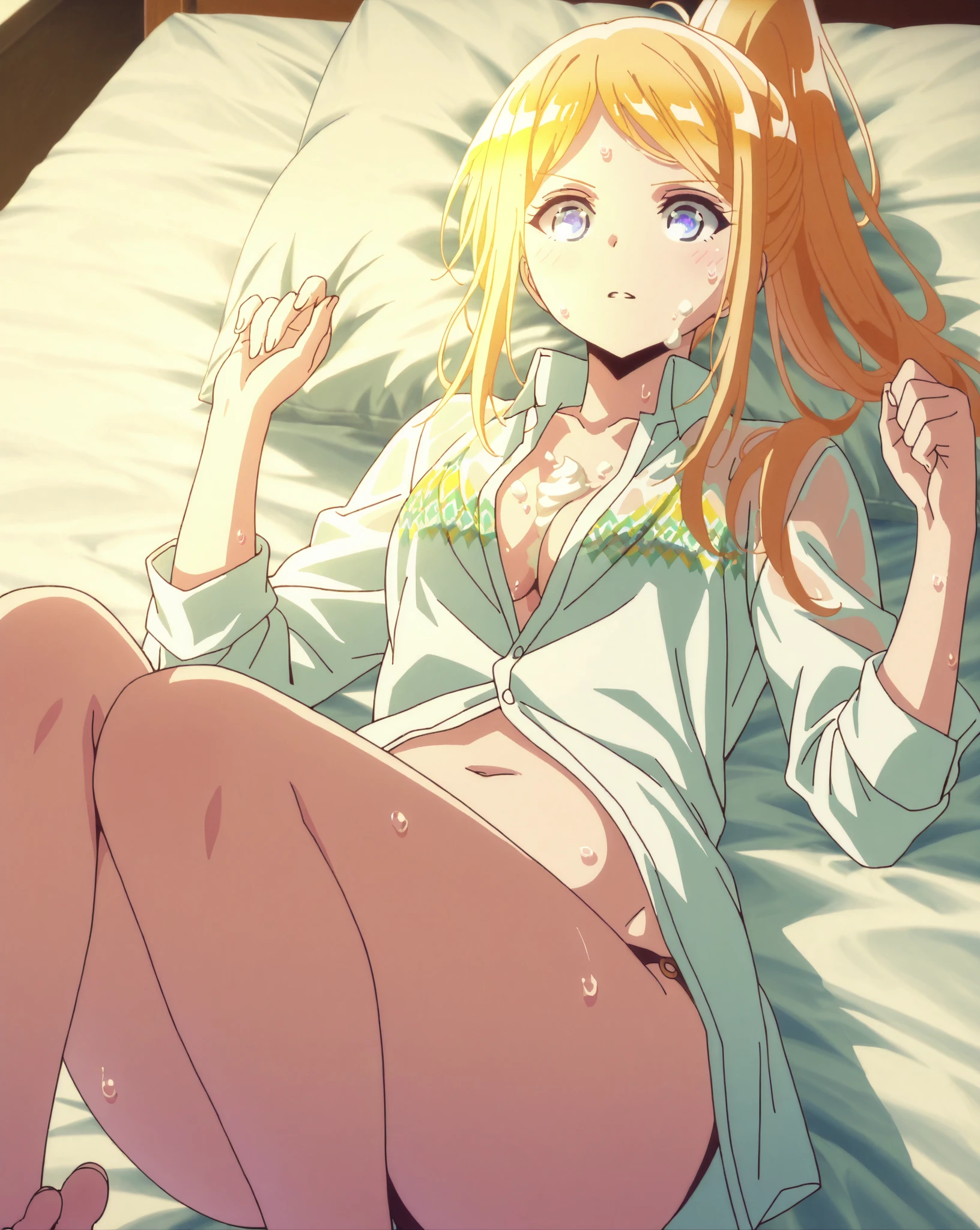 best quality, amazing quality, very aesthetic, absurdres, (1girl, oshino shinobu, monogatari \(series\), solo, blonde eyes, blonde hair, small breasts),(naked:1.8), (night, thigh:1.3), (cowboy shot), (spread legs), (long hair), (bent over, arms behind back:1.4), (blush:0.7), (lie down:1.5), (upper teeth only), expressive eyes, perfect face, 4k, extremely detailed anime illustration, extremely detailed eyes, perfect anatomy, light rays, extremely delicate body, smooth skin, (bedroom background:1.5), clear eyes, beautiful face, looking away, (anime style:1.7), (cinematic Light:1.5), (highres:2),
