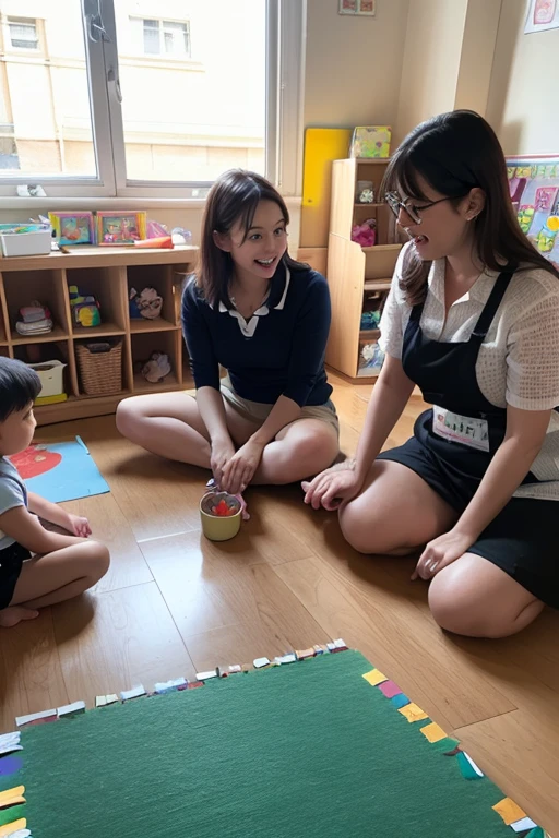 Photo of Indonesian children and Indonesian speech therapists. The therapist holds flash cards and the  responds. smile. Indonesian people. 4k ultra realistic. mid shot