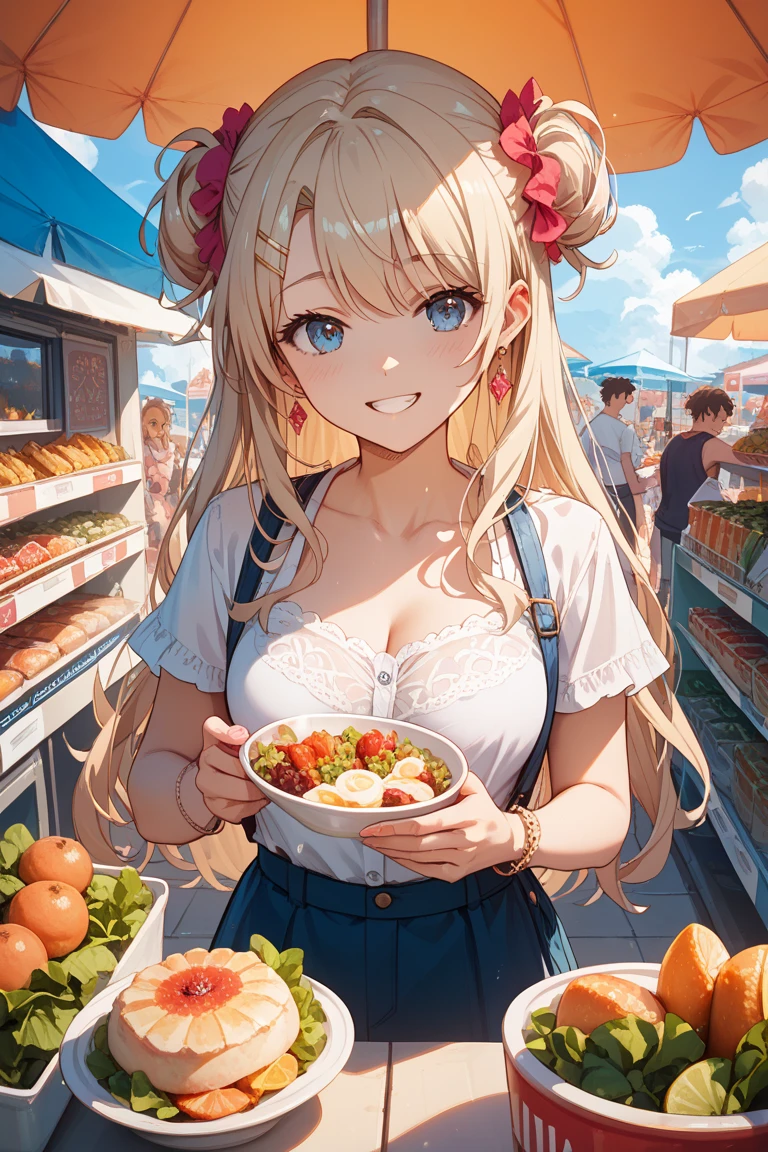 masterpiece, best quality, 1girl, Blond hair, blue eyes, big lips with pink shiny lipstick, sports clothing, smile, market stall, food stall, store clerk, cooking,
