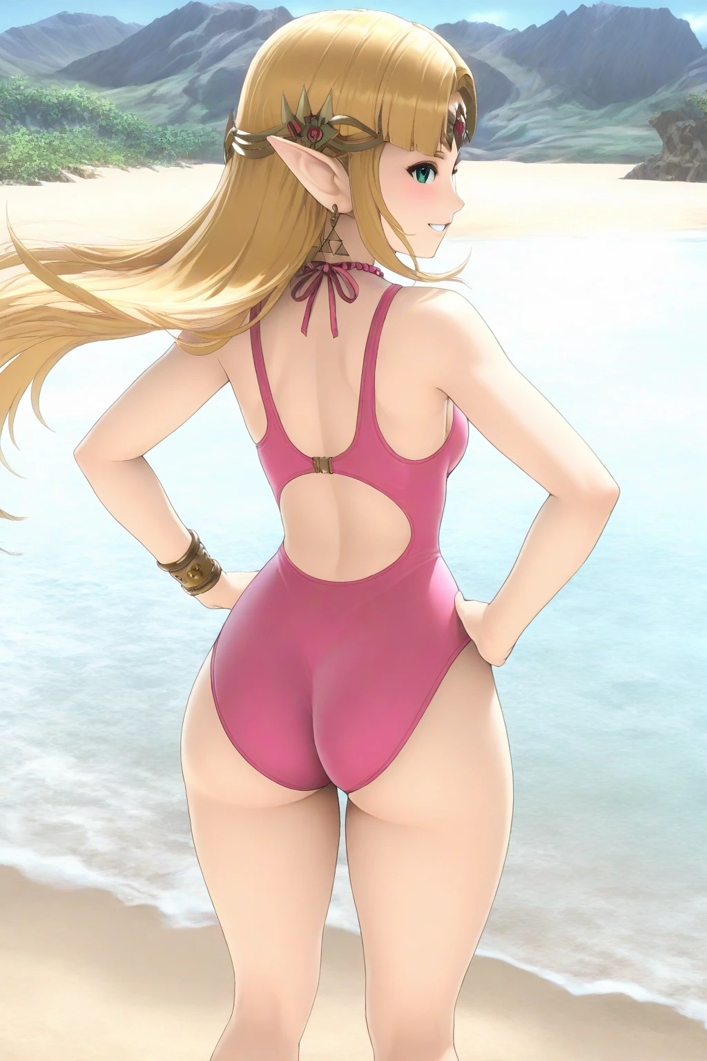 Best quality、8K、4K、high - reore details, astolfo、(high growth: 1.1), fgo、flat chest、long braids、blue one piece swimsuit, stands with his back, bent over, Relies, behind, shows ass,