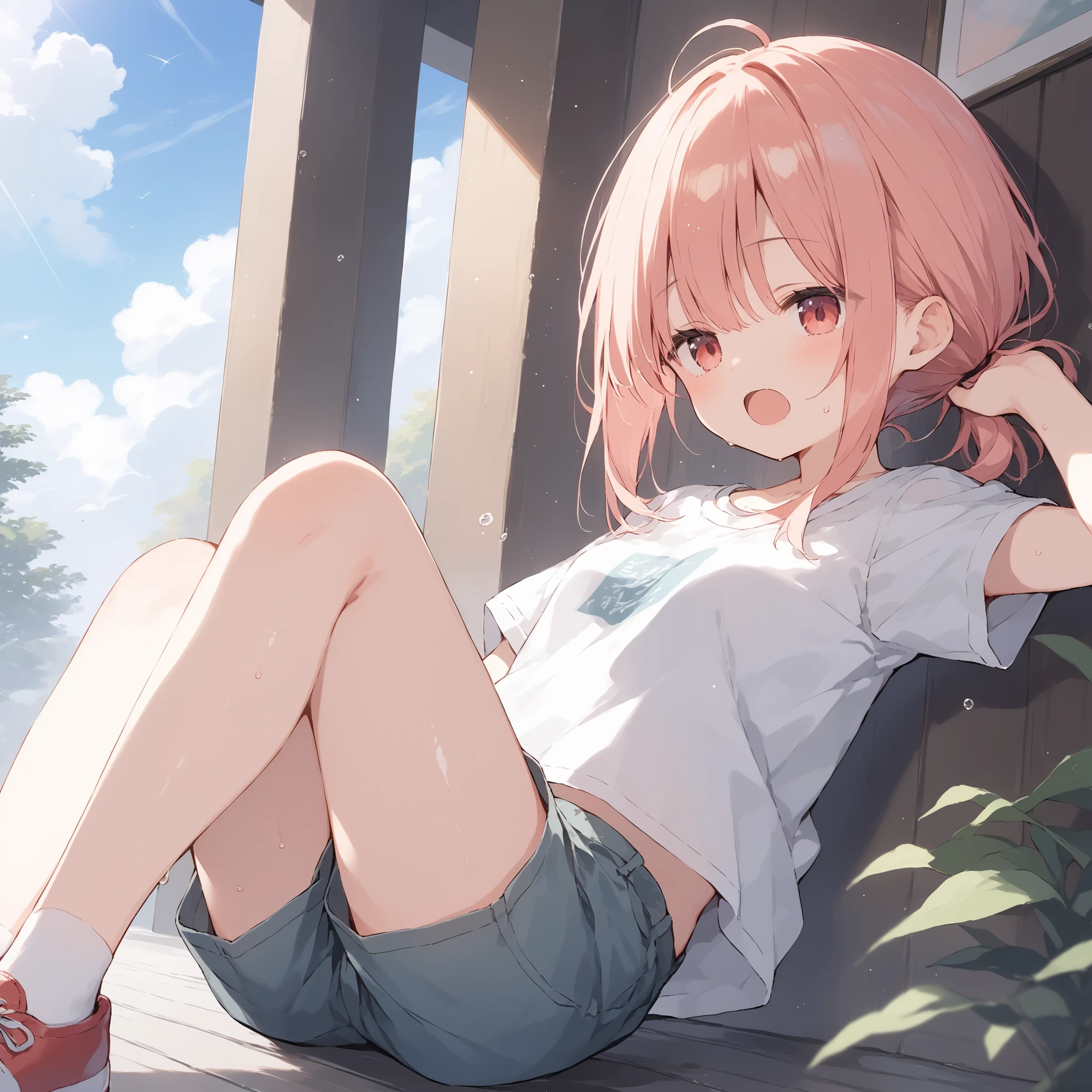 score_9, score_8_up, score_7_up, source_anime, best quality, masterpiece, official art, absurdres, highres, ultra-detailed,waifu2x,Collection: Slice of Life,break,1girl, tomboy, dark-skinned female, short hair, low ponytail, flat chest, beautiful detailed eyes, short shorts, sweat, open mouth, (yawn:0.3), sleepily, outdoors, wind, break,(clear line illustration:1.2),very high resolution, very aesthetic, super detailed skin, Best sexual lighting powered by famous artist, 8k,cute picture,beauty illustration,photoshop_(medium),,(Detailed Lighting),best anime 8k konachan wallpaper, pixiv contest winner, 