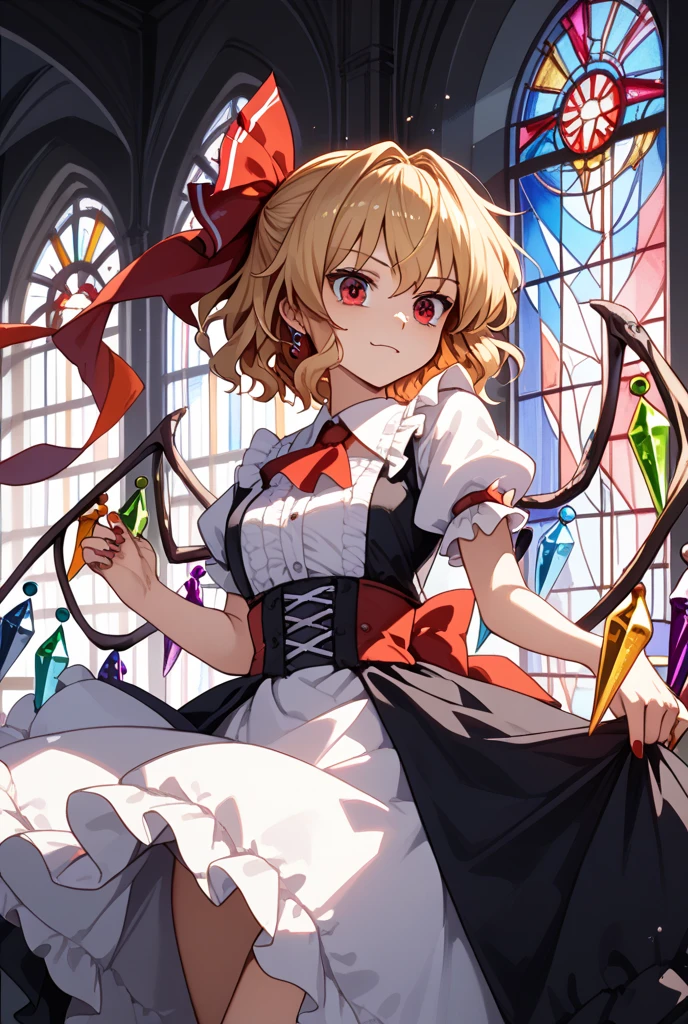 (masterpiece),best quality, expressive eyes, perfect face, 1girl,
big breast, H-cup, good breast, beautiful, gorgeous,anime,girl,lora, floating clothes, tent chest ,
 nipple visible  though clothes,flandre scarlet,
1girl,blonde hair,mob cap,hair bow,bowtie,side ponytail,wings,short sleeves,vest,ascot,1wings,1 pair of wings,W sitting, w sitting on ground, legs on ground, grabbing on boob,hand on chest