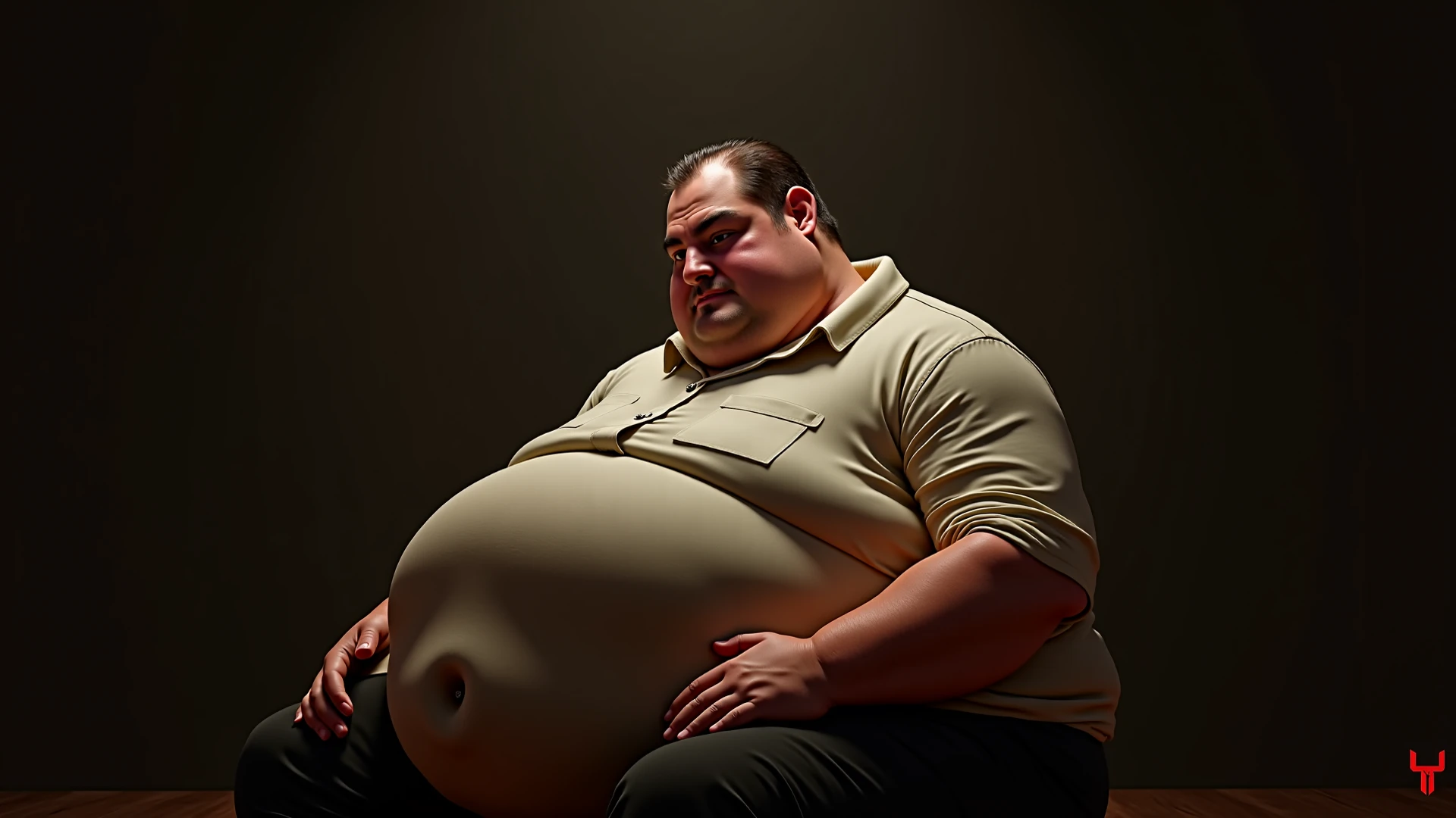 fat man with huge belly and huge fat breasts, wearing a t-shirt