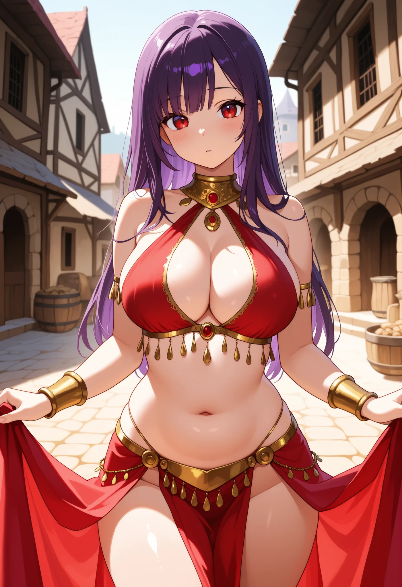 high quality, ultra detailed, best quality, insanely detailed, beautiful, masterpiece, 1girl, medieval plaza, cowboy shot, red eyes, long hair, purple hair, belly dancer, circlet, earrings, armlets, bracelets, bashful smile, large breasts, cleavage, soft stomach