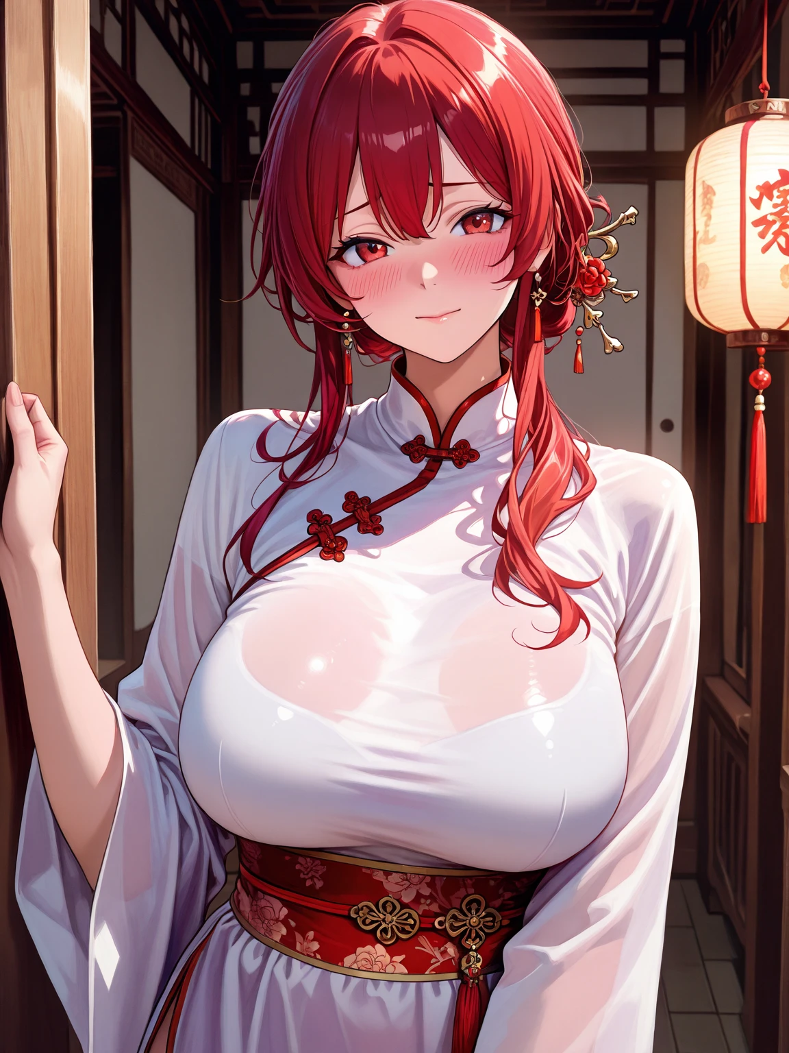 　RANMA, a beautiful girl in red shiny long sleeve Chinese clothing, exposes her nipples