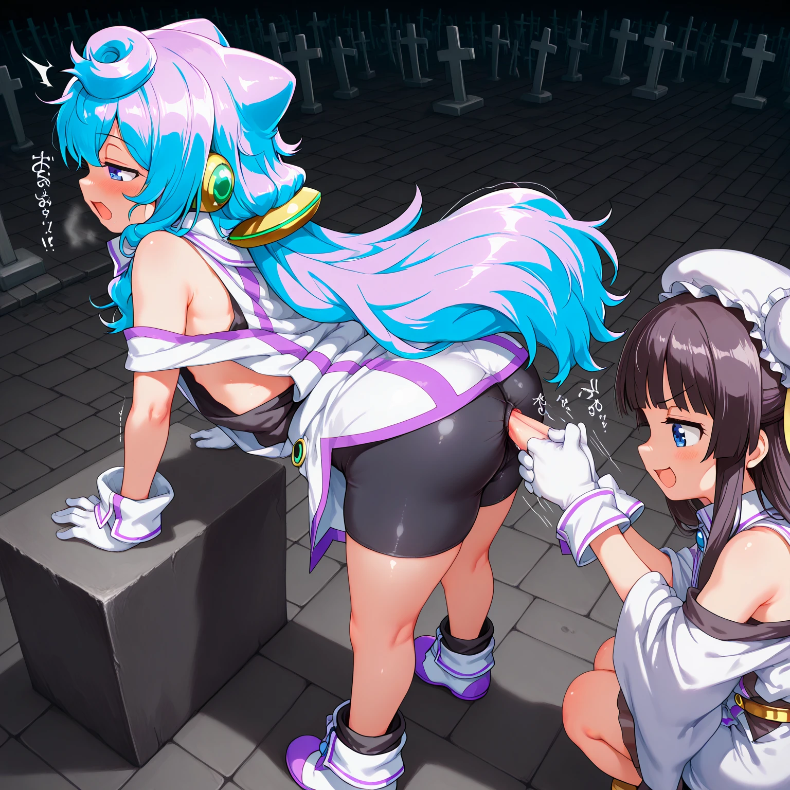 masterpiece, Highest quality, Official Art, Highly detailed CG Unity 8k wallpaper, A sign around the neck_wrist, Raise the hand, Torn Dress, (((Exposing breasts、No bra、)))White short dress, Metal collar, Crouching with legs apart, stage, market, Nervous, Multiple Girls, Four Girls(((NSFW、Naughty pictures)))