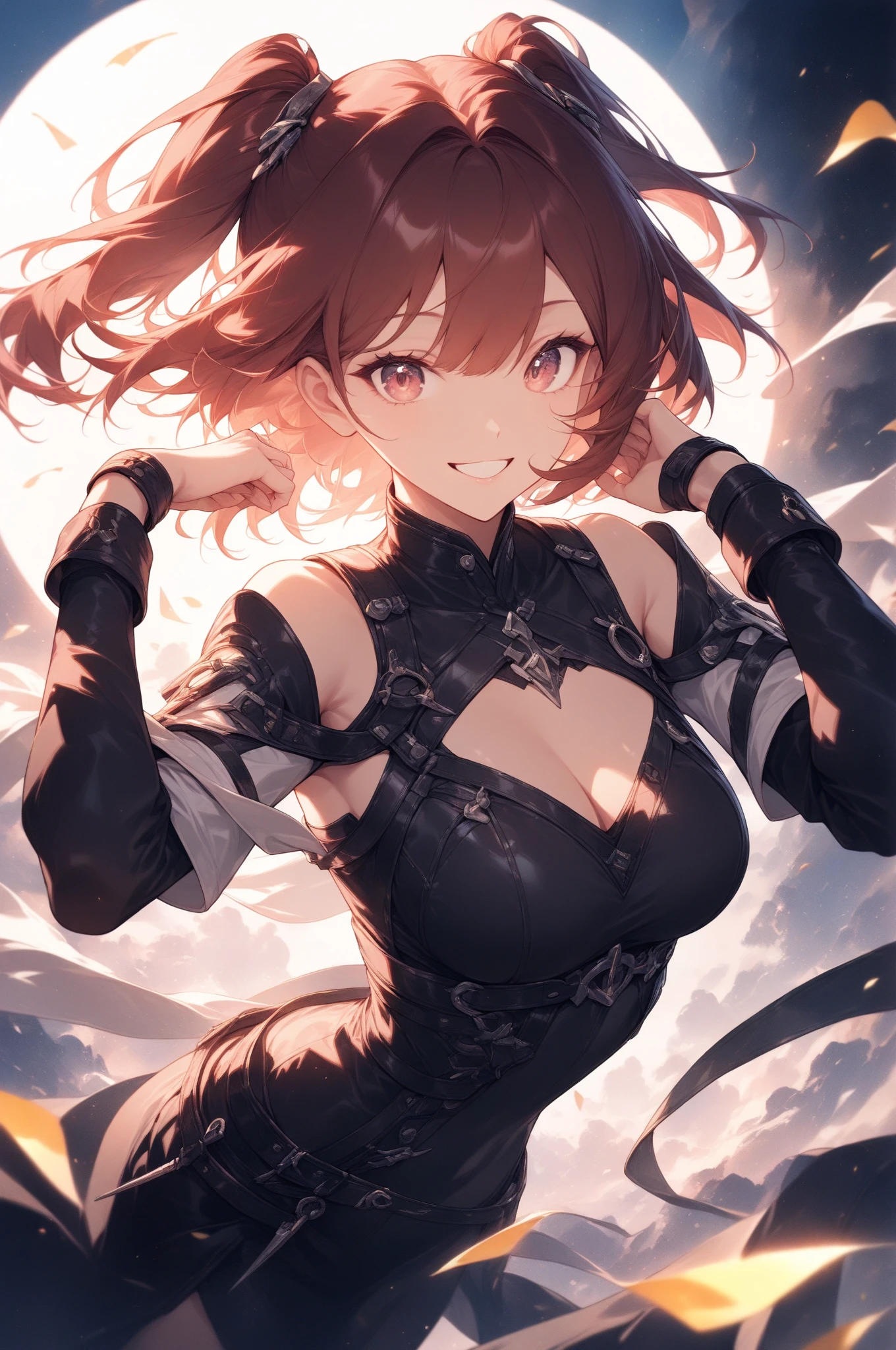 full body,1 woman, 20 years old (cute:1.3),short red Hair, left eye blue, right eye yellow, tan skin, freckles, sharp teeth,{open sexy clothes, black skirt, Black stockings, long sleeves, chest harness, black shirt, crop top, shorts, Shoes, O-Ring, midriff, off shoulder, medium breasts, thigh strap, shorts, fishnet stockings,Glossy, shiny material, sprinting across the frame