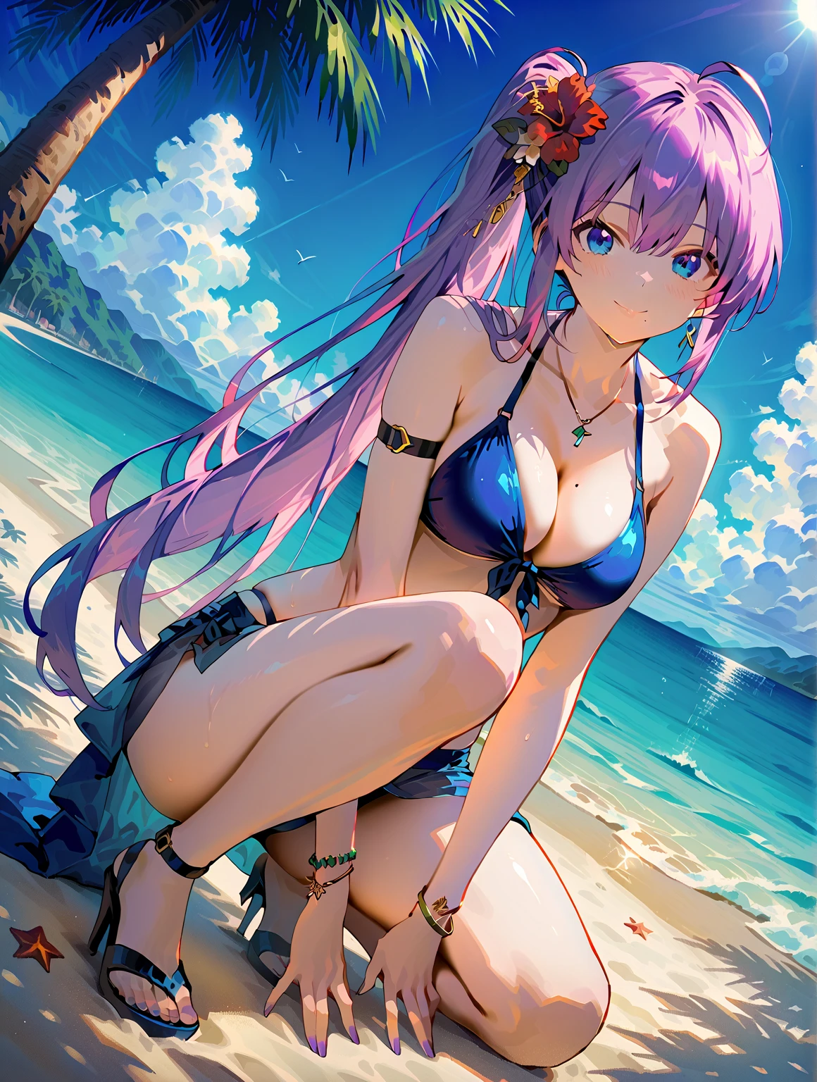 (Sky blue hair),(Braided hair tied together)、Pink eyes、Fair skin、(whole body)、(One Girl)、bikini、Shining white sand beach in midsummer、Okinawa&#39;s ocean、A happy smile、、(masterpiece、Highest quality、Very detailed、Best Shadow)、(Detailed Background)、(Beautifully detailed face)、High contrast、(Best lighting、Very delicate and beautiful)、((Cinematic Light))、colorful、Hyper Detail、Dramatic Light、Exquisite detail、Jumping and having fun