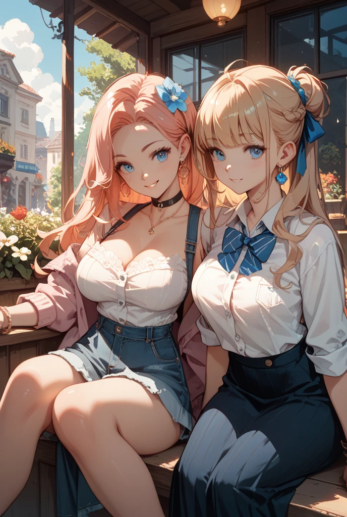 , (2girls:1.3), couple, blonde hair, pink hair, solo, long hair, light green eyes, mascara, makeup, looking at viewer, collarbone, cleavage, detailed eyes, (close up), gleaming skin, shiny glossy skin, big round breasts, busty