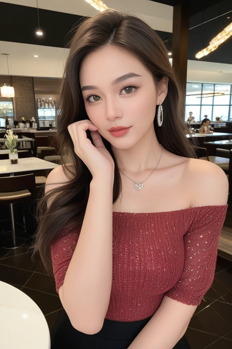 (1 Korean star with royal sister style), ((best quality, 8k, masterpiece: 1.3)), focus: 1.2, perfect body beauty: 1.4, (smile), (Street: 1.3), highly detailed face and skin texture, fine eyes, double eyelids, whitening skin, (big wave hairstyle: 1.3), (round face: 1.5), (rose off-the-shoulder top: 1.4),