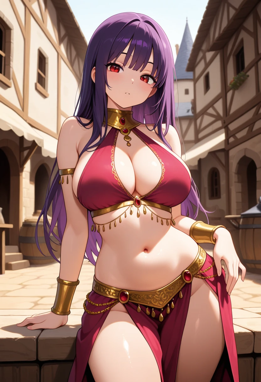 high quality, ultra detailed, best quality, insanely detailed, beautiful, masterpiece, 1girl, medieval plaza, cowboy shot, red eyes, long hair, purple hair, belly dancer, circlet, earrings, armlets, bracelets, bashful smile, large breasts, cleavage, soft stomach