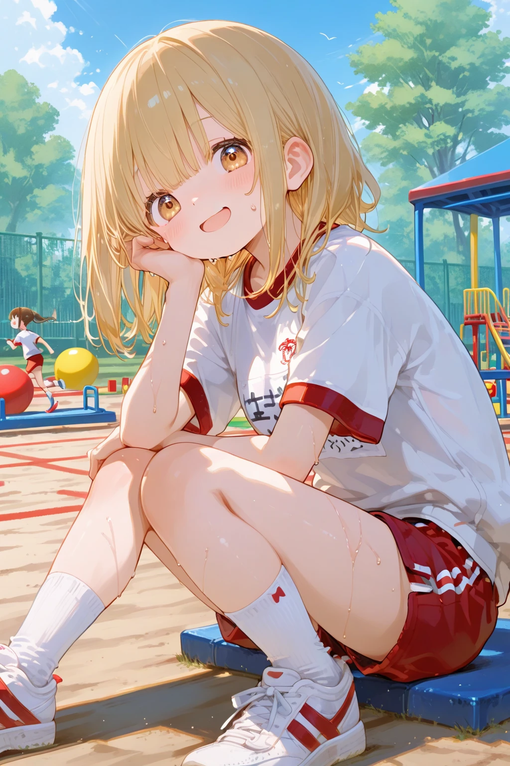 blush, sunlight, sunny, flowers, on a park, mesugake expression, ((mesugake expression at lens)) long hair, bows on pigtails, white bows, (Female teen, golden blond hair in pigtails, green, eyes, fair skin), (white oversized t-shirt), (short denim shorts), mesugake face, barefoot, ((At a childrens playground)), bratty, spoiled, oversized t-shirt, sassy pose
