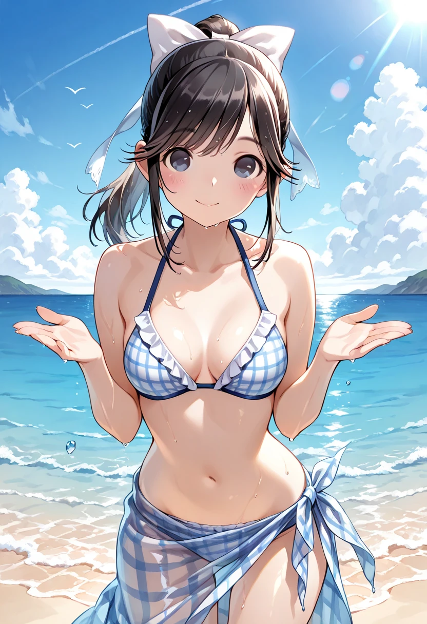((masutepiece)), ((Best Quality)), (Ultra-detailed), ((Extremely detailed)), 4K, (8K), Best Quality, (((Cowboy Shot))), (Beautiful), ((smil)), Cute little girl, Solo, (((Beautiful eyes:1.5))), blush, Best Quality, High resolution, 1girl in, Middle hair, (((Large breasts))), Bangs, Purple eyes, Brown hair, (((Yellow Bikini))), ((Beautiful sea)), On the beach,