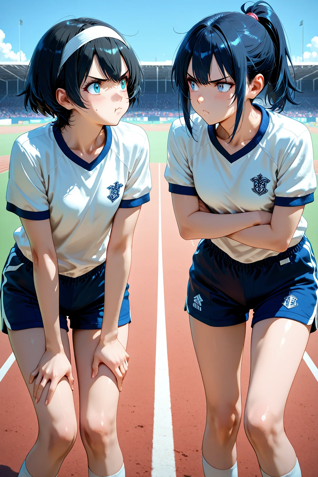 ((Two sisters in tennis uniforms)), Short black hair, ((On all fours:1.3)), (Younger sister clinging to older sister&#39;s back:1.2), (A light yellow-green accent), (mini skirt), Big Breasts, (Accentuate your buttocks:1.1), Beautiful breasts, rounded buttocks, Beautiful ass, Beautiful thighs, cute, 20-year-old sister, 16-year-old sister, ((masterpiece), highest quality, 8K, Anatomically correct)