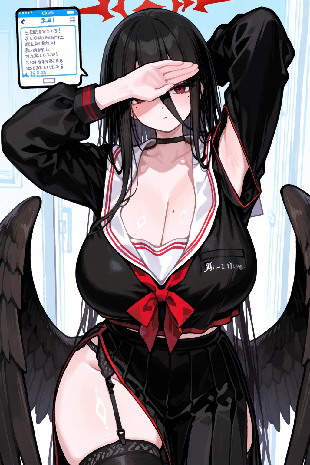 ((nsfw)),((gigantic breast: 1.5),(masterpiece, best quality),((high resolution 4k)), 1lady, solo, (white Scales, body cover with scales), halo, wings,fallen angel, black hair, loose waves, red eyes,wet very short t shirt,long sleeve,wet very short white skirt,white stockings,white thigh highs,standing