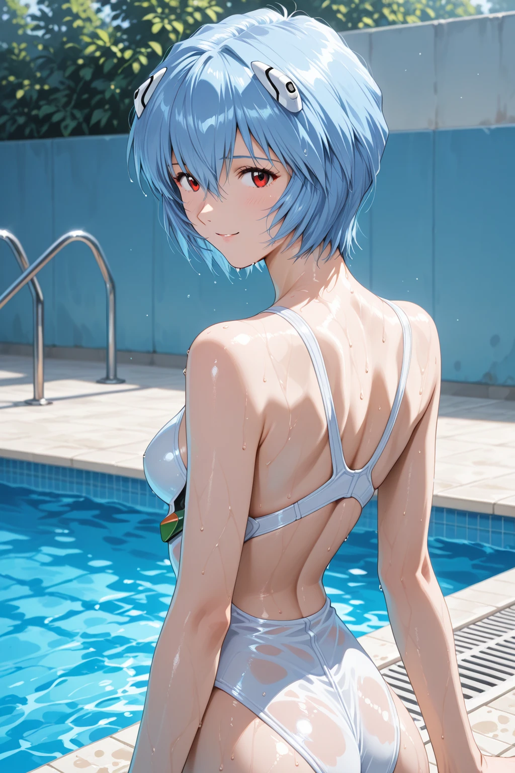 tmasterpiece,8K clarity,Shin Evangelion,A girl like Rei Ayanami,He wears a yellow-pink latex suit,The clothes perfectly show the woman's body,The breast position exposes the skin of the chest,Perfect long legs,Tiptoe,Perfect look,perfect eyes,Cinematic lifelike picture,medium boob,The girl gently looks sideways at the audience,The girl raised her hands behind her back,The girl lies in the shallow water