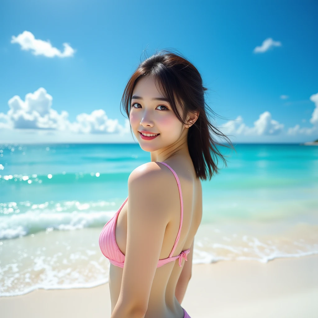 highest quality, (((angle from behind)))、((bust))、(((big breasts、Gcup)))、beautiful japanese girl,long hair、black hair、 Ocean, sandy beach, deserted island, (((pink micro bikini))), smile with a sexual expression,