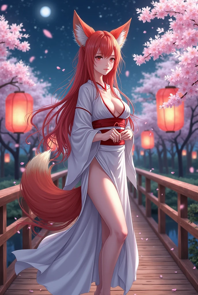 Create a drawing of a female anime character who is a nine-tailed fox spirit., very beautiful face, ghostly smile, shifty, Sharp, wearing red costume, extremely sexy, flower tattoo on chest, behind are nine tails there are nine tails, đang nở ghostly smile, sharp fangs sitting on the roof legs crossed, hand holding an ancient fan with exquisite carvings, looking down at night to see a bustling city with sparkling lights, lanterns all over the sky but not a soul