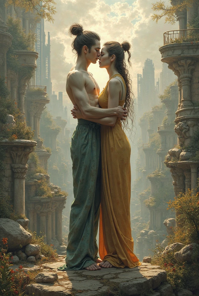 A fully naked princess of the Tang Dynasty hugs a handsome young man in white, standing in front of a large dragon god in a vast temple as far as the eye can see, holding a dragon crystal ball in her hand.