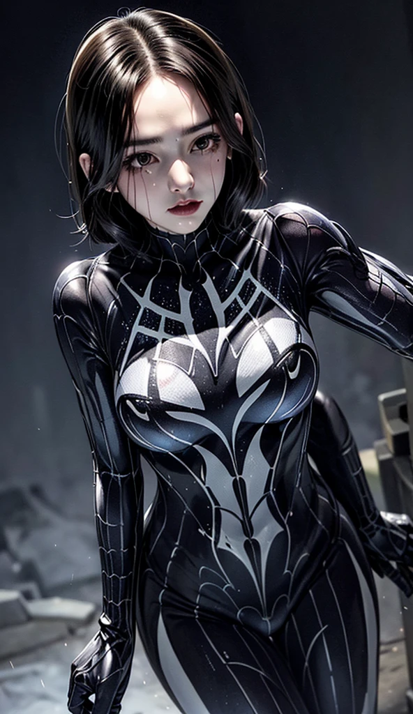bestquality,high-res,Unity 8k Wallpaper,(illustration:1),perfect lighting,Photograph_\(Medium\),PhotographRealistic,Realistic,
1girls, bodysuit, bara, Cobweb Printing, Short Hair Hair, breasts, brunette hair, looking at the audience, Animation, Super, Hands in my own hair, Medium breasts, black bodysuit, tight skin, silk,