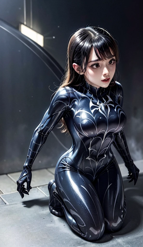 Obra-prima, 8k, realista, good ilumination, terno preto do homem aranha venom com aranha branca no peito, loira))), cabelo comprido, sem corte, rosto bonito, chuva, telhado, obra-prima, detalhes trincados, anatomia perfeita, (((Swinging in the web)))(camel-toe, Vulvar shape:1.2),Full body tights