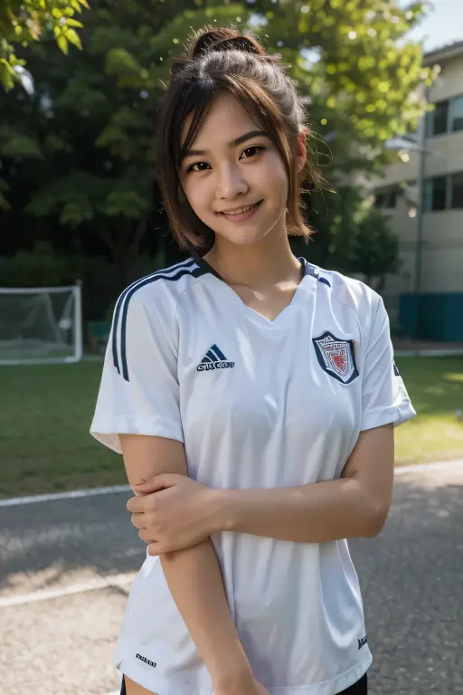 ((face the front of the camera:2.0)), (Clothing:2.0, Soccer uniforms:2.0, Shorts:2.0), (Outdoor soccer court:1.5), (Wet:1.5), ((A grin:1.2, short hair:1.2, slender:1.5, Small Ass:1.5)), ((Japanese, 1 Girl, 18-year-old, 7 heads, Ideal body proportions, Black Hair, With bangs, Small breasts,  , slender, Small Ass, Beautiful feet, Skinny Legs)), Surrealism, Cinematic Lighting, Depth of written boundary, First Person View, Boobs F/1.8, 135mm, Ticker, Mastepiece, Curate, ((Anatomically correct:1.3)), Textured skin, Super Detail, High detail, High quality, Awards, Best Quality, High resolution, 8K