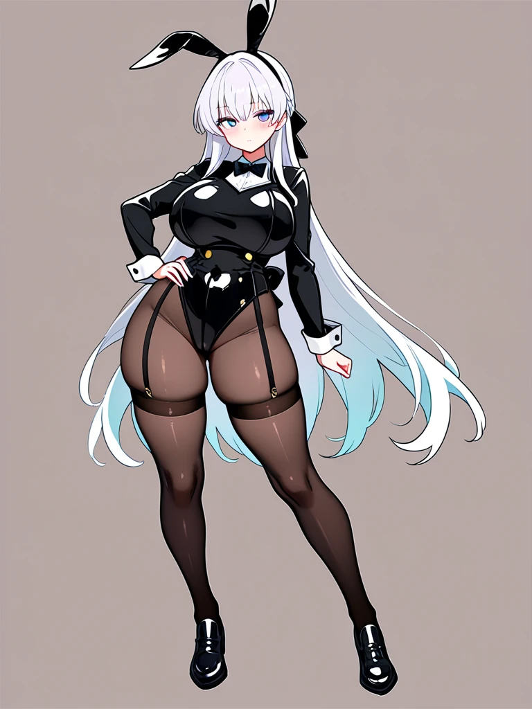 1girl, aegir \(azur lane\), azur lane \\\\\ masterpiece, best quality, very aesthetic, absurdres, newest \\\\\\ sportive body, \\\\\\ by nyantcha,,by cutesexyrobutts,by khyle ///// white hair with a single prominent red streak, black horns, yellow eyes, \\\\\\ bunnysuit without bunny ears,white background,standing, fishnet pantyhose,