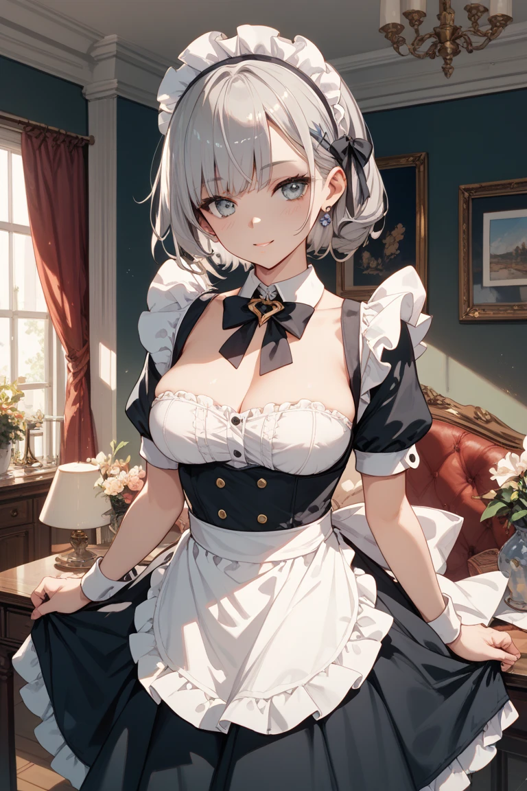 (masterpiece, best quality:1.2),illustration,8k,hd,1girl,solo,upper body,(portrait:1.2),short_hair,large_breasts,white_hair,dress,white_thighhighs,underwear,short_sleeves,frills,apron,red_eyes,cleavage,metal_collar,anchor_choker,maid,white maid,