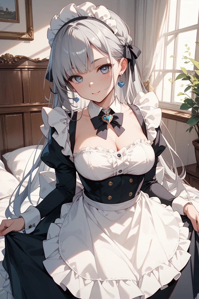 (((Masterpiece))), (((Highest quality))), ((Ultra-detailed)), ((super fine illustration)), ((Ultra-fine painting)), (16K highest quality wallpaper:1.4), (Upper body:1.6), HDR, (Highly detailed and delicate illustration style:1.8), Detailed skin texture, Detailed cloth texture, Extreme detailed description, (T-masterpiece), (highly detailed face:1.2), (Highly detailed silver fox ears:1.2), (Highly detailed shiny silver hair:1.2), (Highly detailed clear eyes:1.2), Original, RAW photo, professional, Intricate details, Super details, direct light:1.4, (Perfect anatomy:1.4), (Highly detailed hands:1.2), (Highly detailed fingers:1.2), (Highly detailed fingertips:1.2), (27-years-old), (Solo:1.8), real, ((Very beautiful and attractive silver fox female model of maid chief:1.4)) BRAKE (Beautiful and adorable silver fox ears:1.4), (Highly detailed and delicate silver fox ears:1.2), (Beautiful and well-shaped big breasts:1.2), (Beautiful and well-shaped buttocks), (Very beautiful and shiny rainbow-colored hair, colorful hair:1.4), (Very beautiful and transparent blue eyes that shine in iridescent colors, colorful eyes:1.2), (Smile:1.2), (Looking at viewer:1.2) BRAKE (Black and White maid clothes:1.4) BRAKE ((Highly detailed and beautiful luxury living room background at late night:1.4), Highly detailed and beautiful luxury living room background at late night:1.2) BRAKE