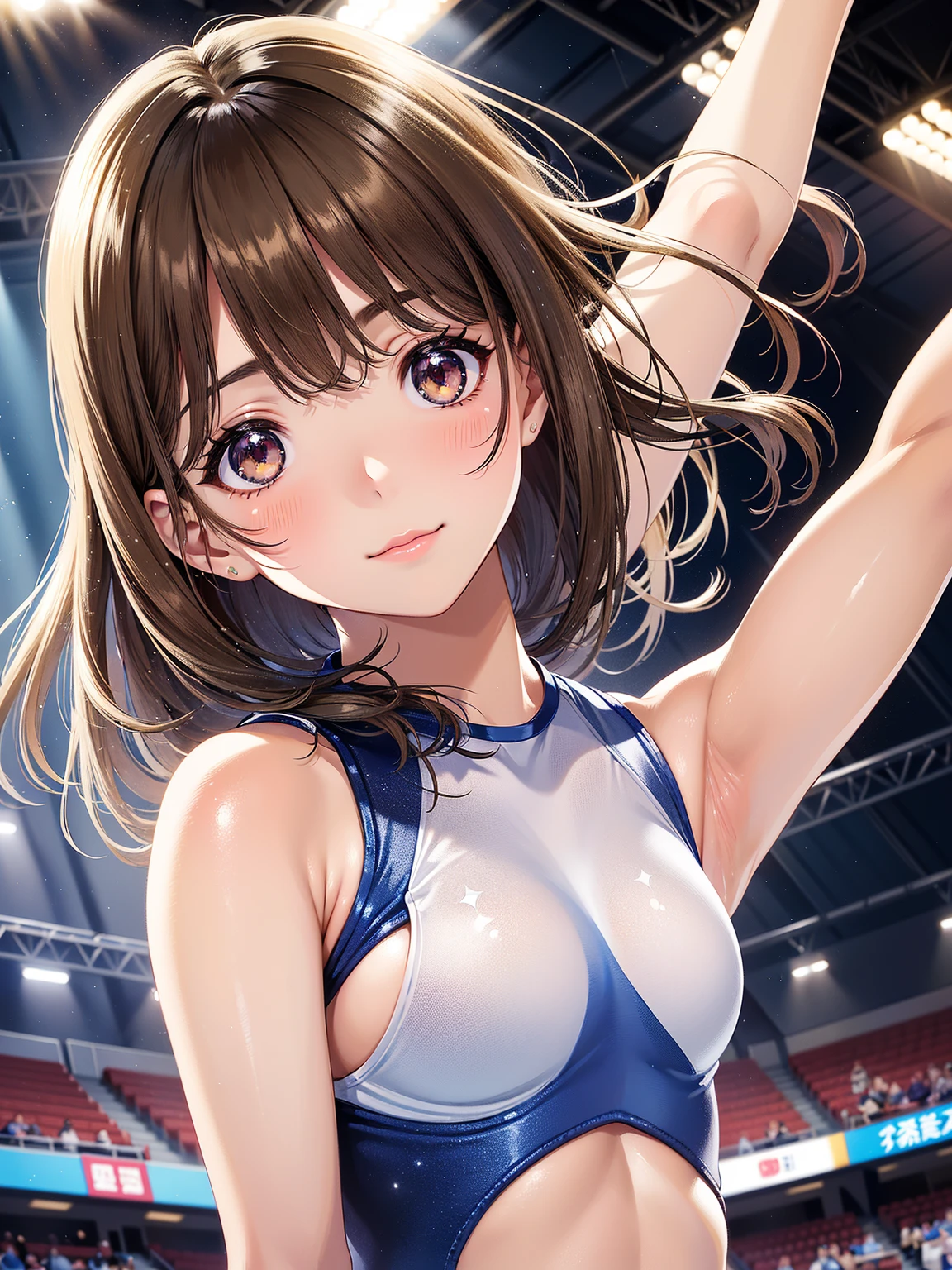 highquality illustration, masterpiece, very delicate and beautiful, attractive girl,(gymnastics leotard, Floral patterns leotard,long sleeve leotard with glittery decoration,high_leg leotard,athletic leotard,tight-fit leotard,iridescent gradient leotard,long-sleeve leotard),thin,slender body,slim,high school,gymnasium background,gymnastics club,gymnastics athlete,princess, beautiful eyes,light smile,(masterpiece, best quality:1.2), highres, extremely detailed CG unity 8k wallpaper, perfect lighting, Colourful, ultra-high res,4K,ultra-detailed, photography, 8K, HDR, 17 ages, full body,