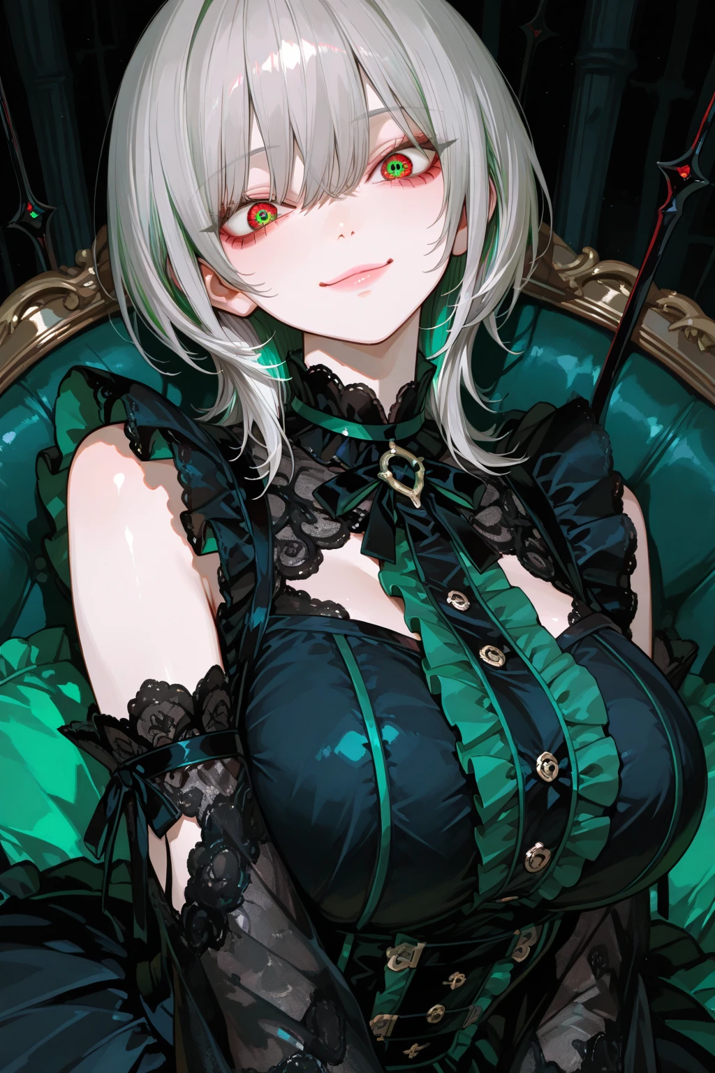 ((highest quality)),High resolution,Sharp focus,(Super detailed,Very detailed),from above,
(Very detailed CG unity 8k wallpaper),(((Vibrant colors))),Anime Style,
gleaming skin,Natural skin texture 鮮明な詳細,
(Realistic eyes, Natural skin texture, Realistic facial details),
1 girl, Beautiful and elaborate face, Perfect Eyes,((Silver Hair)),Long Hair,Echidna, Deep purple eyes,
Butterfly Hair Ornament, (Colored eyelashes:1.1), eye shadow,Red pink lips,Big and ample breasts,Camel Toe
(Flying debris, 超High resolution),(((Black and Green Theme))),Wear an iridescent aura,
Invisible Light, Amazing shine, Neon green glow, The colors of another world,
Bright colors, Ghostly Effects,Surreal Landscape(lying on back),
Arrogant look, Domineering smile,Large library,The library was lit by candles,The floor is full of books piled up,Warm lighting,lamp,There is a wooden table and a fireplace in the back., Cinematic Light,Mysterious atmosphere,Lying face up in a reclining chair,A book being read on the stomach,Teacup and saucer on the table,