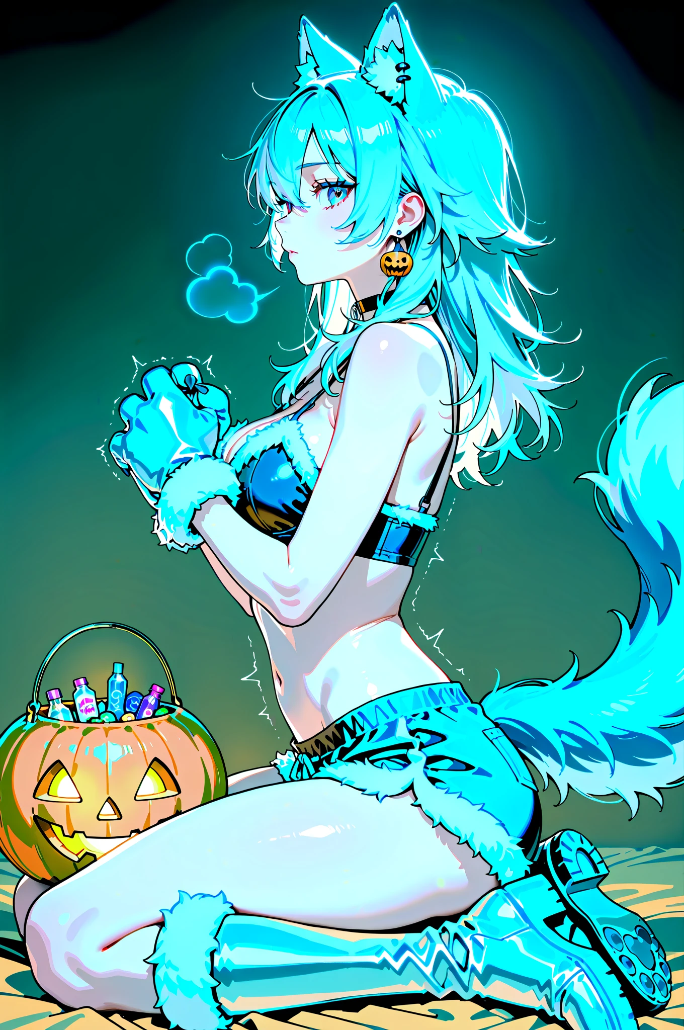 (Sky blue hair),Medium Hair, (Pink Eyes),Fair skin) ,(whole body),(One Girl),(Crescent Moon),(There are lots of pumpkin ghosts in the background),Cat ear,Cat&#39;s Tail,(If you don't give me sweets, I'll play a prank on you.),Halloween Night Party),(masterpiece, Highest quality, Very detailed, Best Shadow), (Detailed Background), (Beautifully detailed face), High Contrast, (Best lighting, Very delicate and beautiful), ((Cinematic Light)), Hyper Detail,8k, Dramatic Light, Intricate details,night,(Bats flying in the background),Pumpkin handbag,There are sweets in the bag,