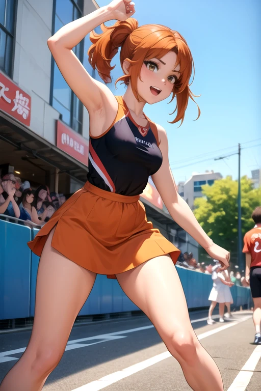 Girl's yell leader, male , school cap, red sash, in the stadium stands, black , sweat, whole body moving, dynamic movement, hard-working expression, masterpiece, looking at the viewer
