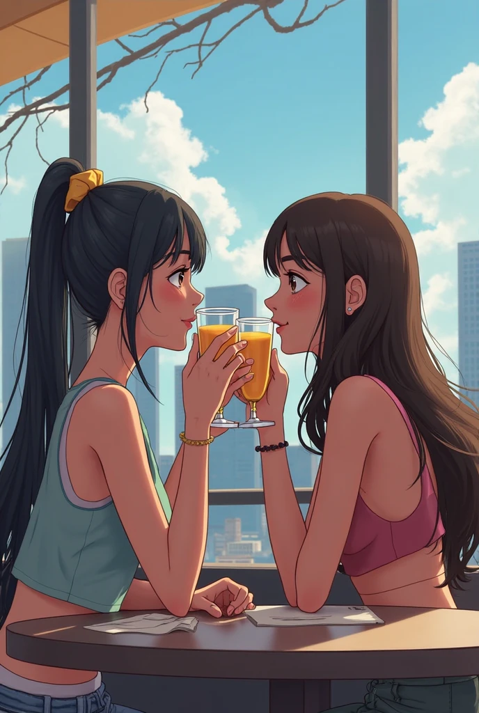 Luz Noceda and Amity blight on a date at mcdonalds and they share a chocolate milkshake with two straws they both drink and stare at each other in love.
