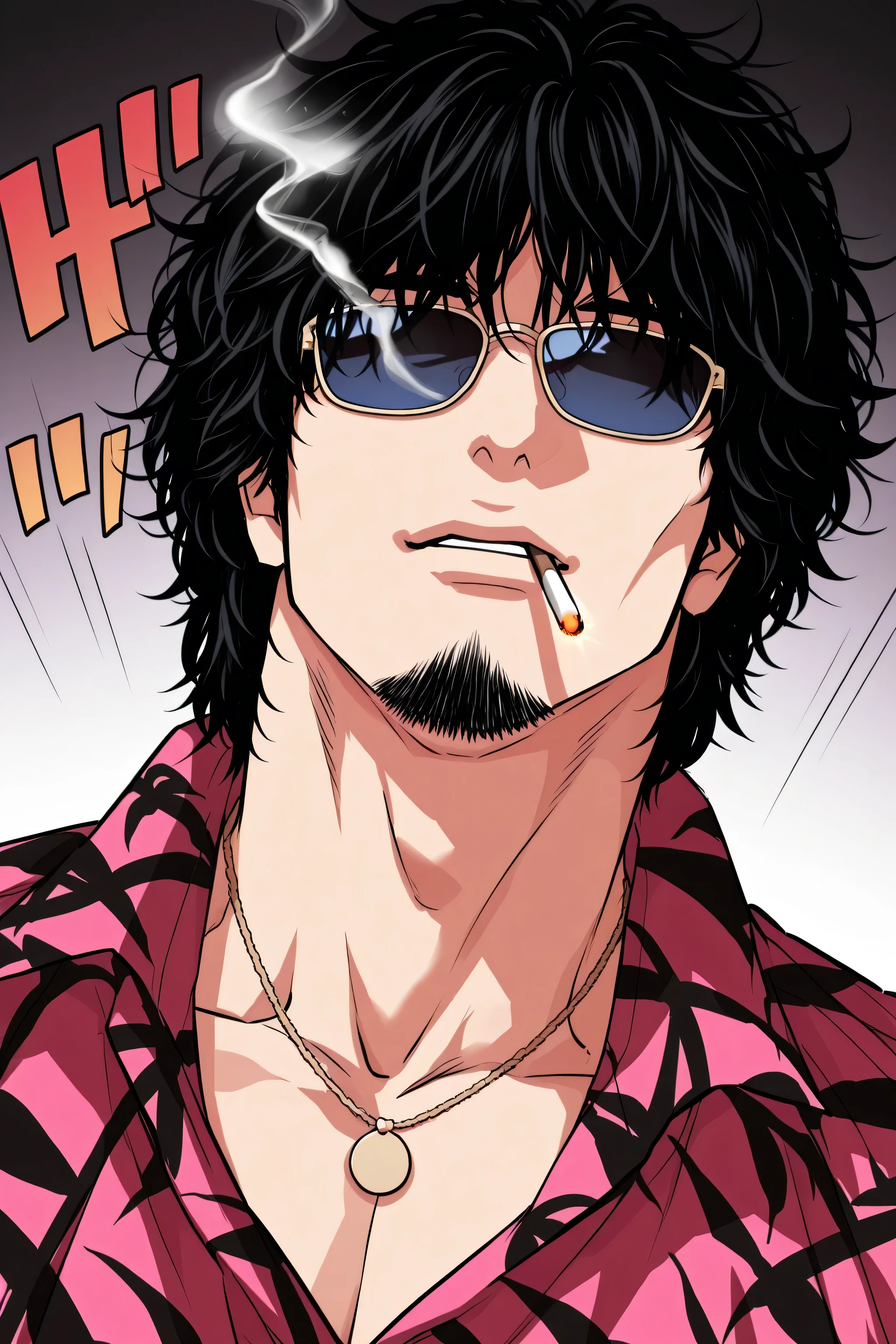 1male,solo,black hair,short hair,messy hair,not eyes,sun glasses,pink hawaii shirt,neckless,smoking,ciggarette,muscle,lookism