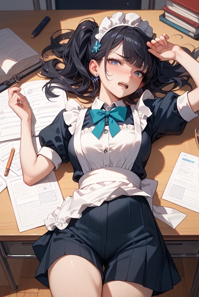 wariza,hand between legs,obese child,(masterpiece,Highest Quality),shortsleeves,Blue-green Gothic Lolita,Sleepy face,A dark-haired,Medium bob,utility knife,Small scissors,paper craft