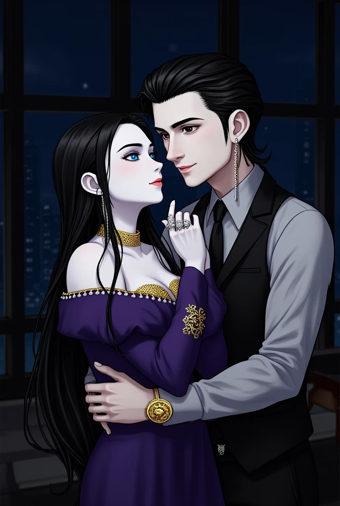 Realistic animated digital illustration of girl with black hair and dark eyes wearing a modern and pretty lilac strapless dress, looking enchanted at a boy with black hair and hypnotizing blue eyes in an elegant and imposing black suit