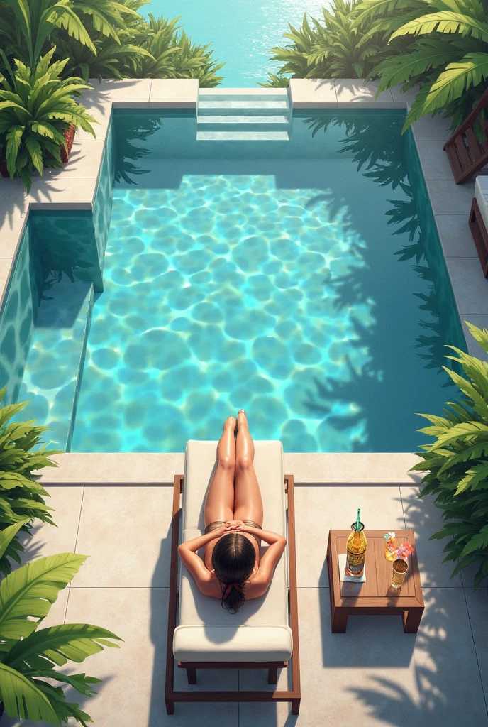 araffe woman in a bikini and hat laying on a pool edge, in a luxurious pool, poolside, blue bikini, laying down, next to a pool, realistic bikini, photorealistic perfect body, deep tan skin, in a swimming pool, rendering, in the sun, beautiful angle, photorealistic picture, beautiful tan mexican woman, relaxed. blue background --auto --s2
