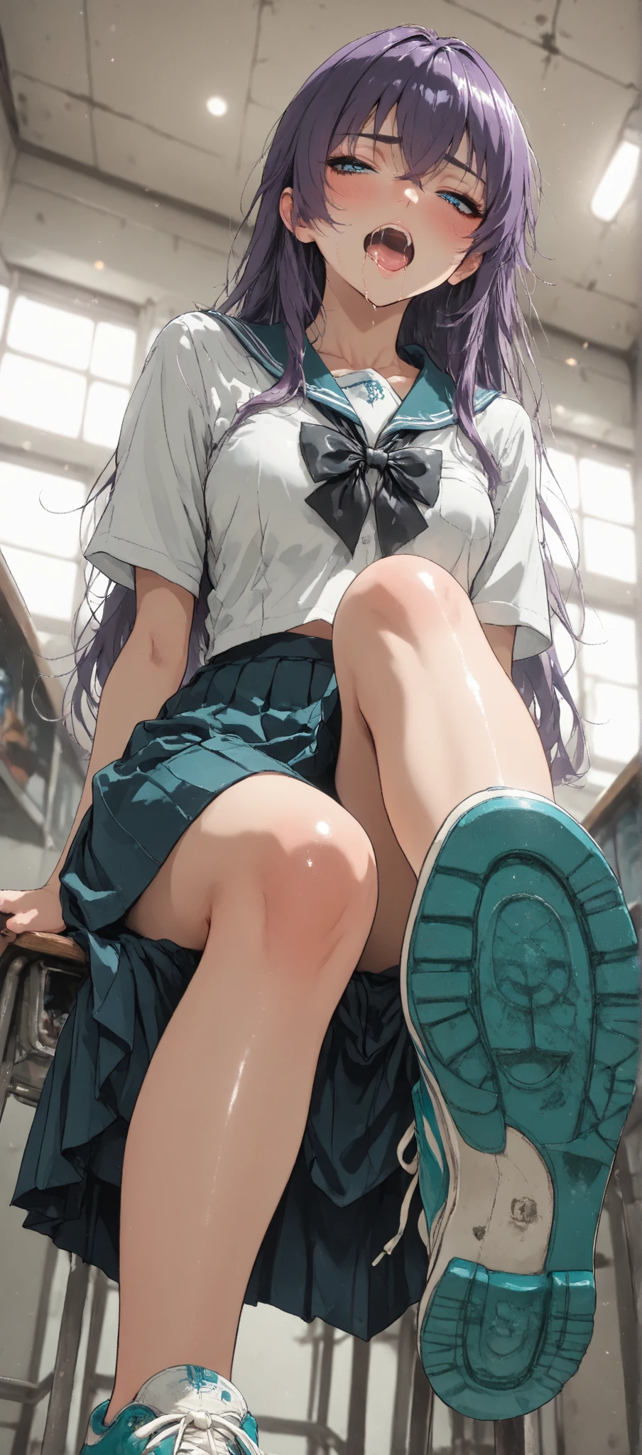 (A young and beautiful Japanese man), nsfw, Detailed Background, (((独奏))), ((Excellent anatomy: 1.2)), (Light purple hair, Long Hair), flat chest, (dark skin:1.3), (Short), (green eyes), (Beautiful Eyes), (White short sleeve shirt), (Dark blue bow), (Grey plaid miniskirt), (Pink panties), (loose socks), (loafers), (grin:1.4), Blushing, Earrings, Sitting on a bench in front of the station, (show off panties:1.3, ), (lift skirt:1.2), Beautiful thighs, spread legs, (love juice:1.2), Drenched in sweat, steam fog, (Bulge:1.5), arms up