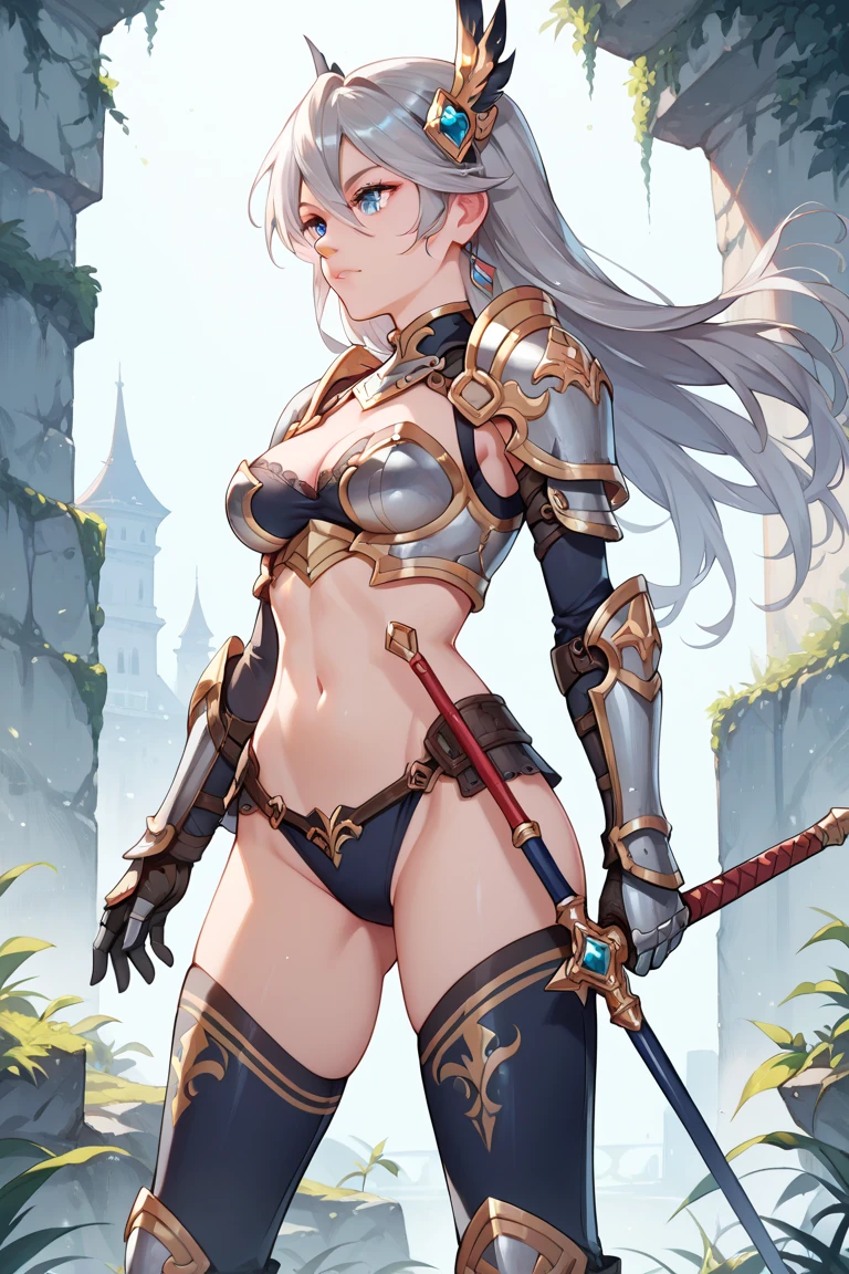 Un primer plano de una mujer con armadura sosteniendo una espada, Chica armadura, Armadura de bikini caballero femenino, Armadura de bikini, bikini-armadura, gorgeous female paladin, Caballero femenino, de una hermosa caballero femenina, hermosa armadura, Un esbelto、bikini-armadura, Armadura reveladora, Armadura de bikini ornamentada, Impresionante armadura, Tendencias en ArtStation Pixiv, Hermosa caballero femenina