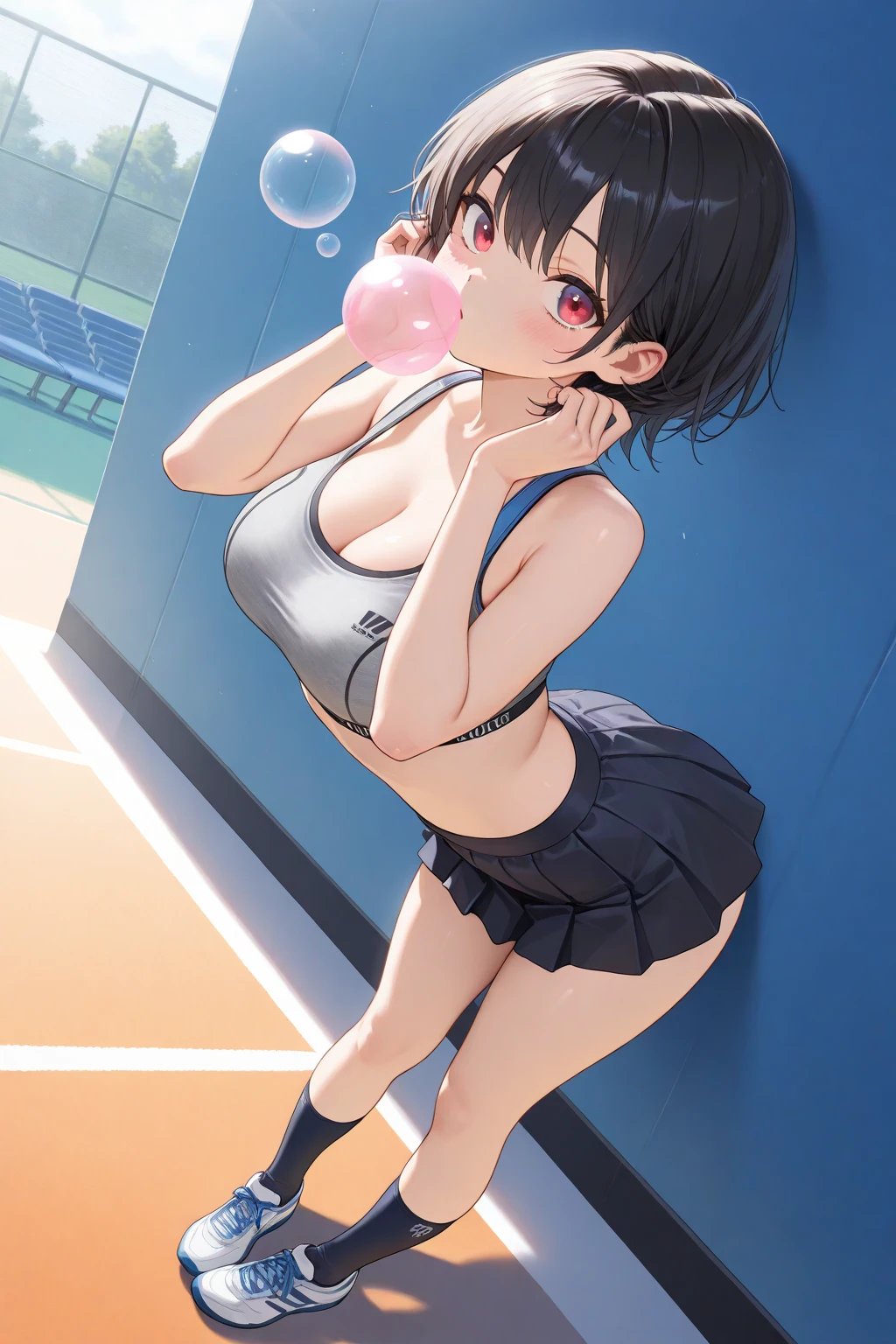 (1 person、solo), Beautiful woman, 3D, (High-definition and beautiful eyes)、(Anatomically perfect body), Slender、(White tennis wear、skirt), (、:1.1), (Look Back), (extra detailed ), (:1.2), 18-year-old、(highest quality)、Black Hair, (short hair)、(8k, High resolution)、(shy:1.4)、Mid-, (steam:1.1), (embarrassed:1.3), Glossy lips、 、In a dark warehouse、(wide shot:1.2), (tears)、(From the back:1.1)