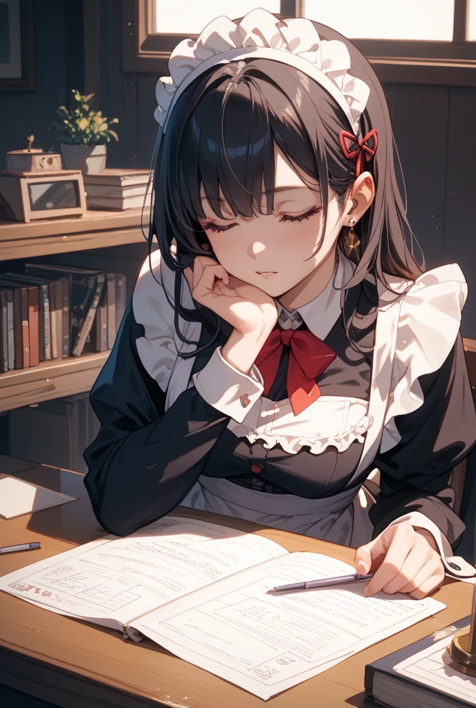 best quality image, work of art, ultra high resolution, (Fidelity: 1.4), fot, A girl, Reading at the table, earbuds,natta, natta view