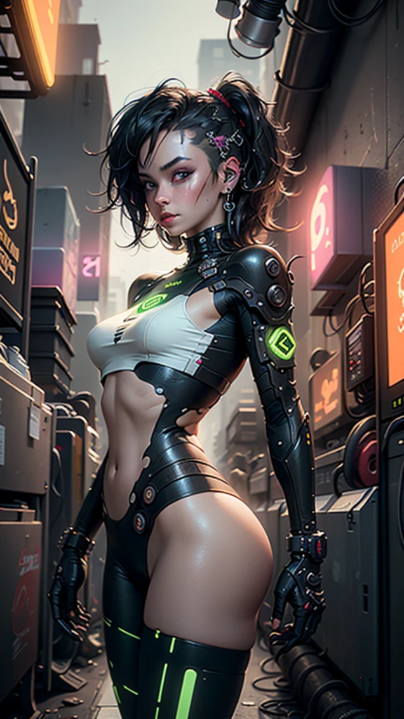 a woman with thick muscular thighs, cyborg body parts, wearing short underwear, beautiful detailed eyes, beautiful detailed lips, extremely detailed face, longeyelashes, hyper realistic, octane render, cinematic lighting, dramatic colors, chiaroscuro, cyberpunk, neon lights, industrial, 8k, high resolution, masterpiece