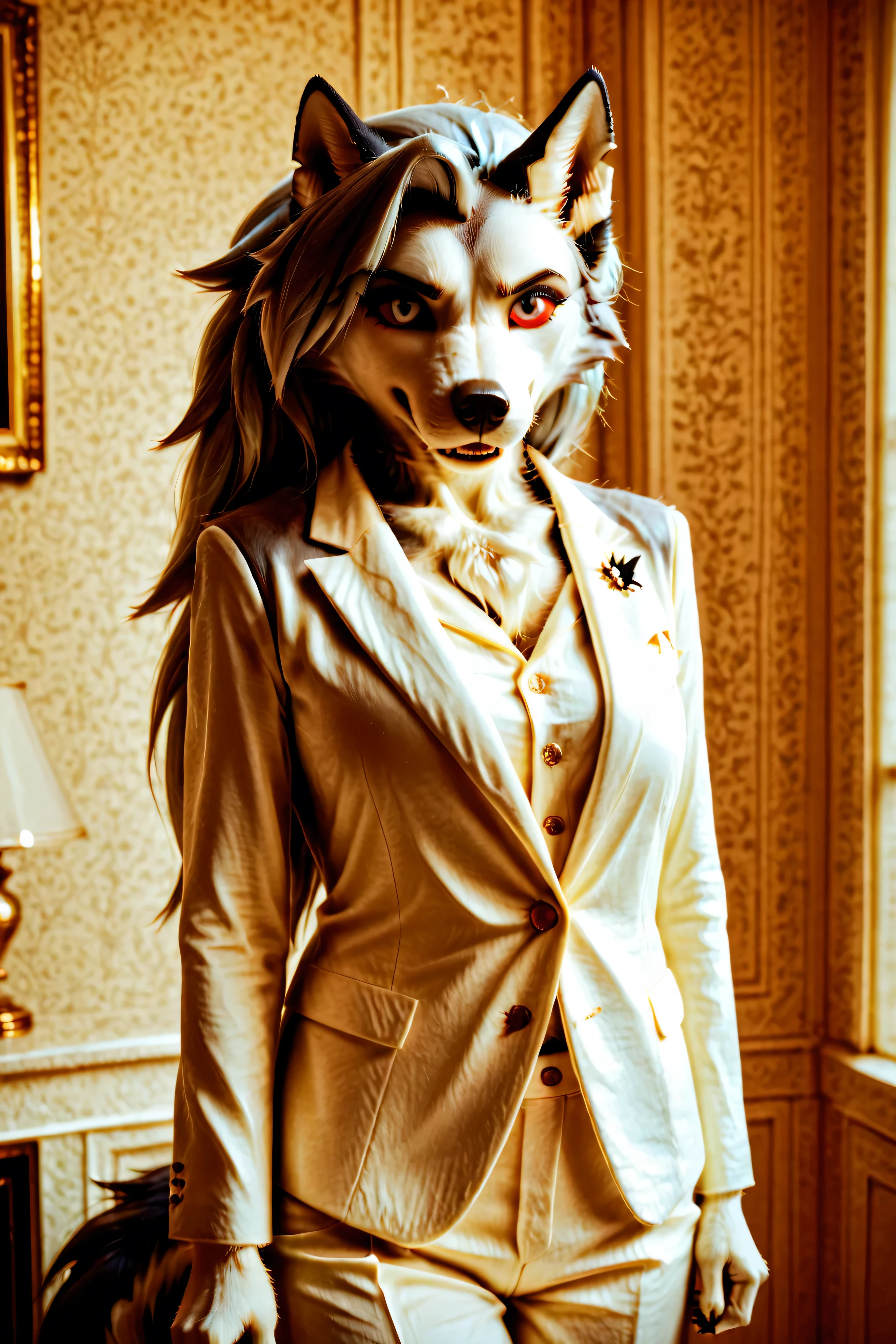 Loona, furry, realistic, fluffy tail, 1girl, Loona, in a formal suit and trousers, accompanies some important person like a bodyguard,, front view, high-range shot, ultrahigh details, ultra-realistic photo, two-tone fur, gray fur, anthro, wolf girl, animal nose, wolf tail, red sclera, white iris, canine teeth, bangs, absurd res, detailed skin, detailed hair, extremely detailed, sharp focus, sharp details, 8k, ((mouth closed)),